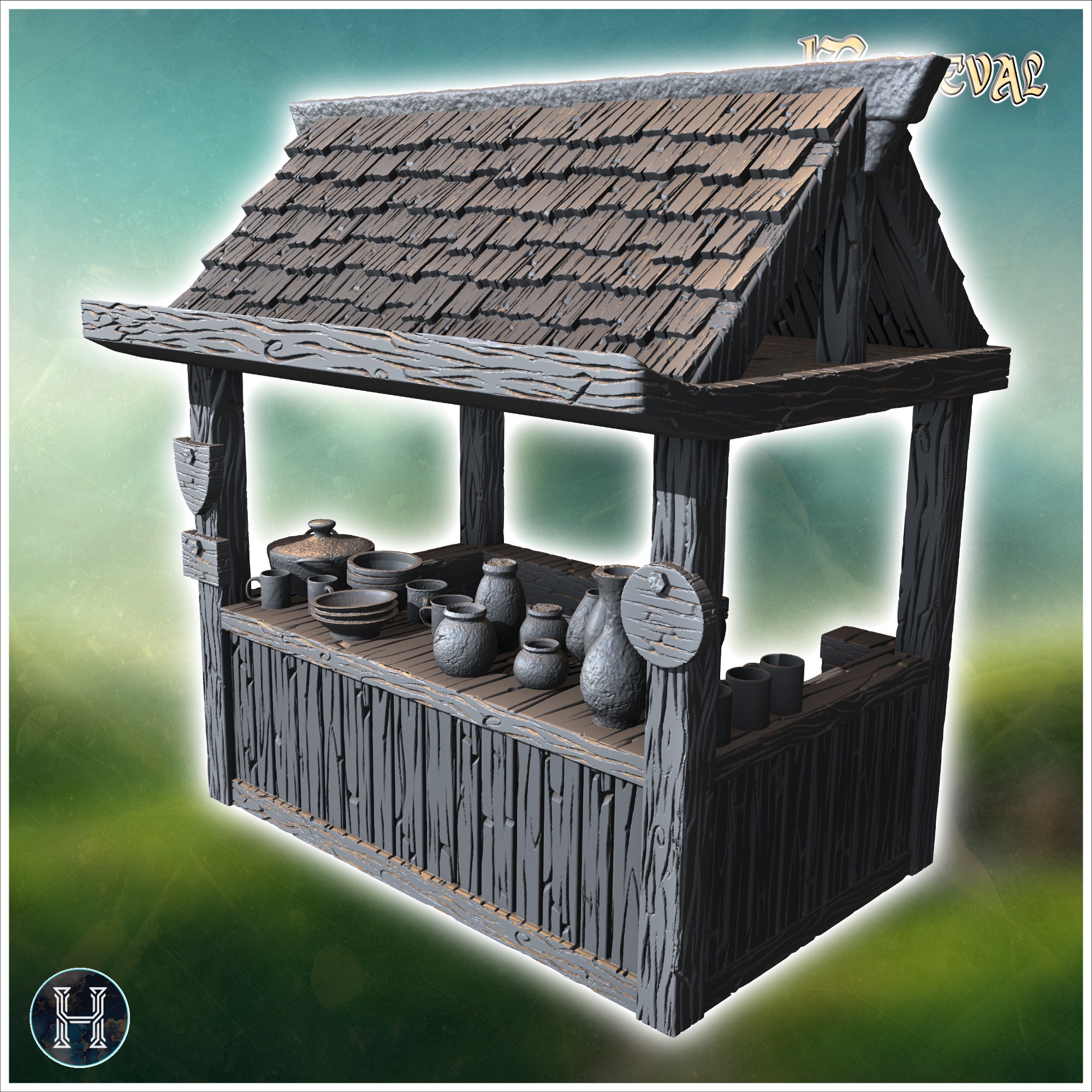 Wooden stall with a shingled roof, displaying various ceramic pots, plates, and mugs on the counter (43) - Medieval Gothic Feudal Old Archaic Saga 28mm 15mm RPG